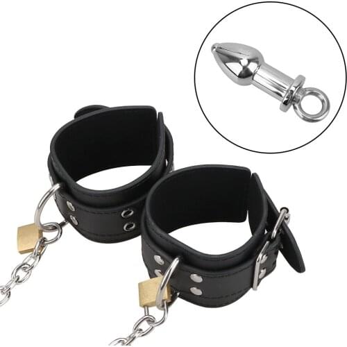 Sex Restraints with Anal Plug Handcuff Bondage Kit Anal Plug Enema Erotic Leather Wrist Cuff Sex Toys For Women