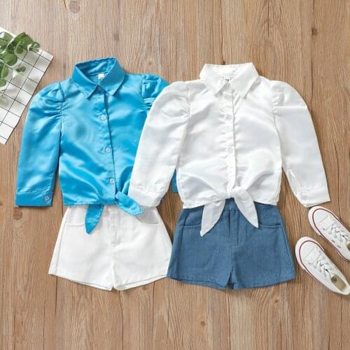 FOCUSNORM 2pcs Fashion Toddler Girls Clothes Sets 0-5Y Solid Long Puff Sleeve Single Breasted Shirts Top Denim High Waist Shorts
