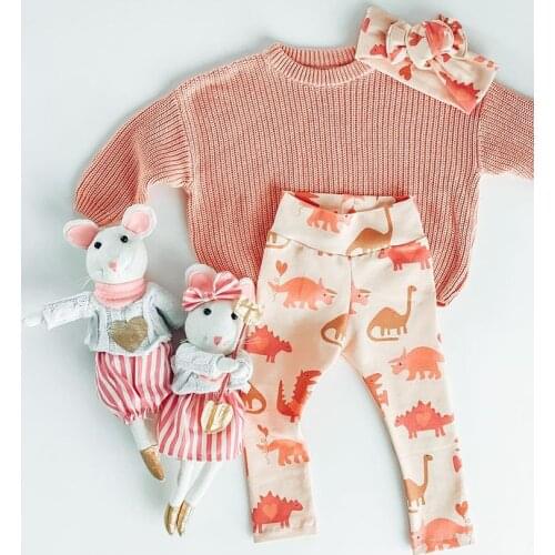 3pcs Toddler Kids Girls Autumn Clothes Sets 0-3Y Solid Long Sleeve Sweater Tops+Dinosaur Print Pants+Headband Casual Outfits