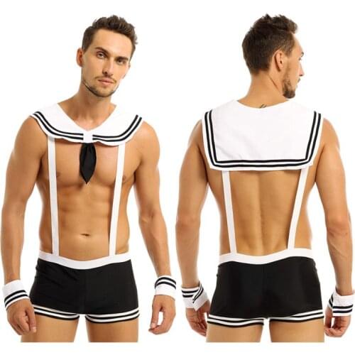 Mens Male Adult Sexy Sailor Costume Outfits Overalls Cosplay Underwear Set Suspenders Boxer with Collar Cuffs Halloween Costumes