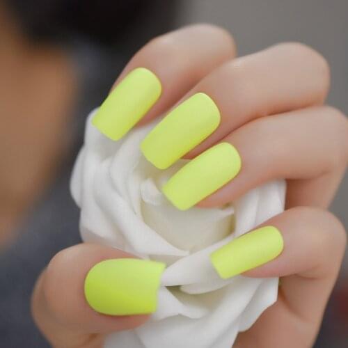 Matte Finished Lemon Yellow Press on False Nail Frosted Acrylic Fake Faux Nails with Glue Sticker