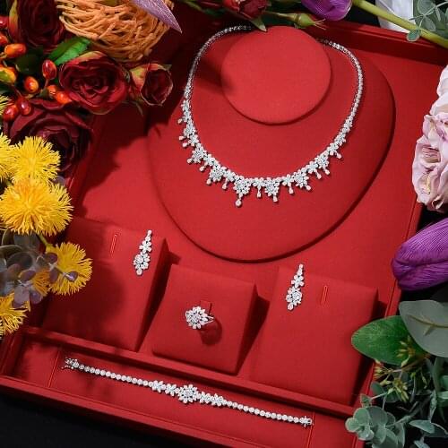 Missvikki Fashion 4PCS Luxury African Necklace Bangle Earrings Ring Set For Women Wedding Dubai Bridal Jewelry Set Indian 2021