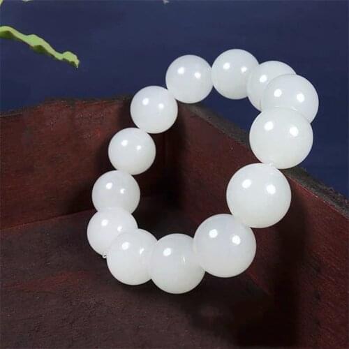 Natural White Hand Carved 18mm Round Bead Jade Bracelet Fashion Boutique Jewelry Mens and Womens White Jade Bracelet