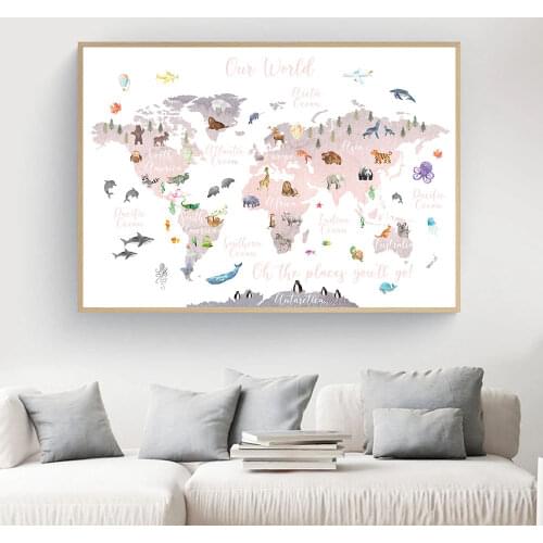 Educational Animal World Map Picture Children Poster Nursery Wall Art Canvas Print Painting Baby Kid Bedroom Playroom Home Decor