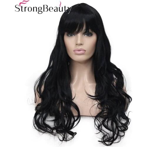 StrongBeauty Long Hair Synthetic Wavy Wig Black Wigs with Bangs Womens Hair