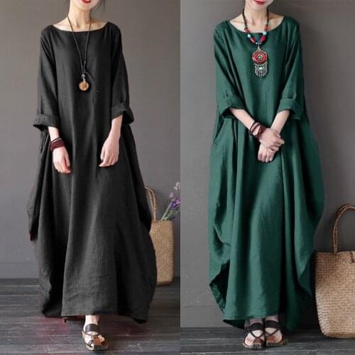 Cotton Linen Robe Female Dresses Elegant Plus Size Long Sleeve O Neck Maxi Kaftan Dress Casual Vintage Solid Vestidos