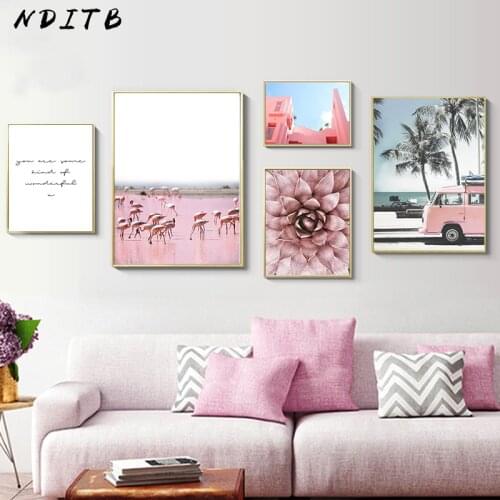 Scandinavian Flower Pink Bus Poster Nordic Scenery Wall Art Canvas Print Painting Modern Home Office Room Decoration Picture