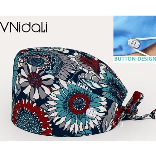 Flower print dentist hat nurse hat anime operating room cap hospital work cap Beauty salon hat nursing hat with button scrub cap