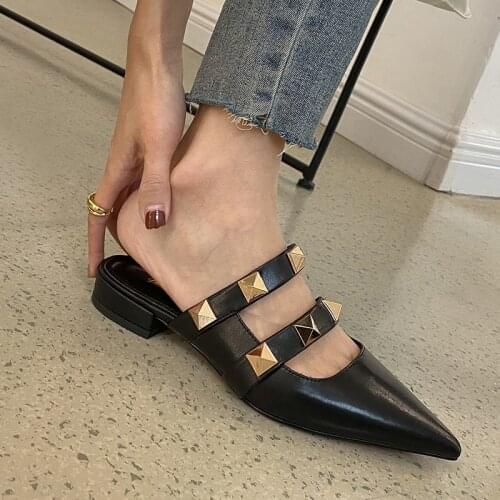 QZYERAI 2021 New Style Summer Women Genuine Leather Fashion Slippers With Low Rivet Cowhide Slippers Pointed Womens Shoes