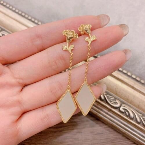 S925 Sterling Silver Eardrops Inlaid Natural Xinjiang Hetian Jade White Jade Earrings Diamond Jade Earrings Retro Ornament for W