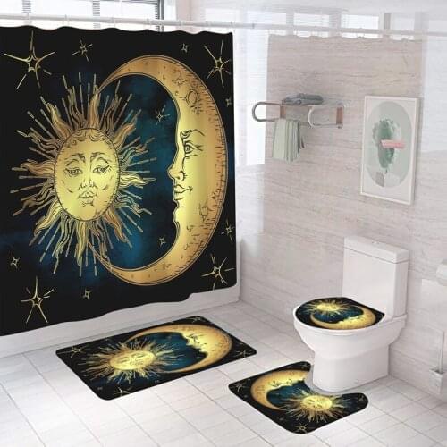 HGHO Abstract Star Moon and Sun Print Shower Curtain Waterproof Polyester Bathroom Curtains with 12 Hooks Bathroom Mat
