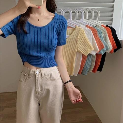Students' Round Neck Short-sleeved Sweater Womens Summer New Korean Style Self-cultivation All-match Casual Short Top