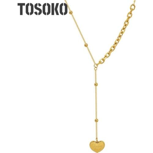 TOSOKO Stainless Steel Jewelry Peach Heart Love Steel Bead Tassel Necklace Female Sweet Chain BSP1029