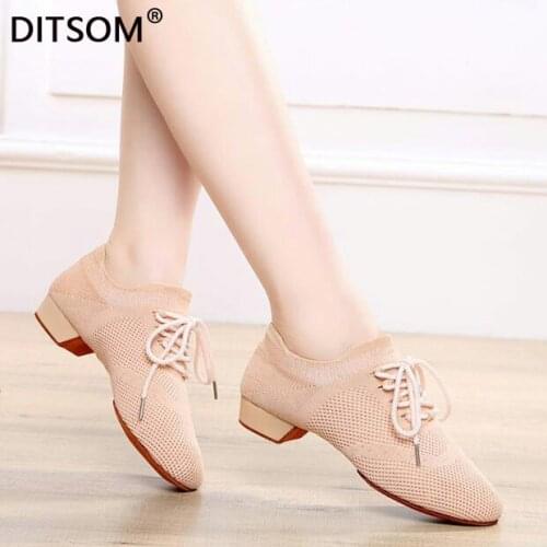 Summer Latin Dance Shoes Woman 2021 Integral Fly Knitting Breathable Jazz Sneakers Ballroom Dance Shoes Men Training Shoes Tan