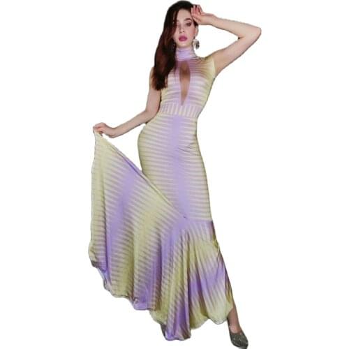 Prom Party Celebrate Sexy Evening Skinny Dress Women Sleevless Striped Wedding Trumpet Dresses Elegant Stage Costume