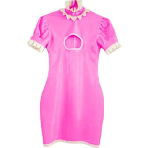 Rubber Fetish Maid Skirts High Neck Breast Hollow Out Bodycon Mini Dress Size XXS- 7XL White Lace Collar Halloween Maid Outfit