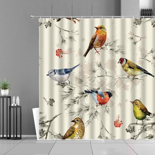 Chinese Bird Pattern Shower Curtains Color Feather Flower Plant Animal Landscape Bathroom Curtain Home Decor Bath Screen Hooks