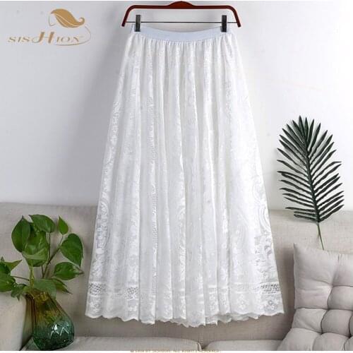 2021 Spring Summer Long Tulle Skirt Women Korean Style Lace Hollow Out High Waist Aesthetic Maxi Pleated Skirt Female VD2298