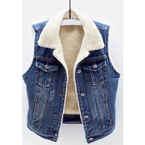 Thicken Fleece Fur Liner Denim Jacket Turn-Down Collar Lamb Fur Short Pocket Blue Warm Cardigan Female Outwear Coat Tops