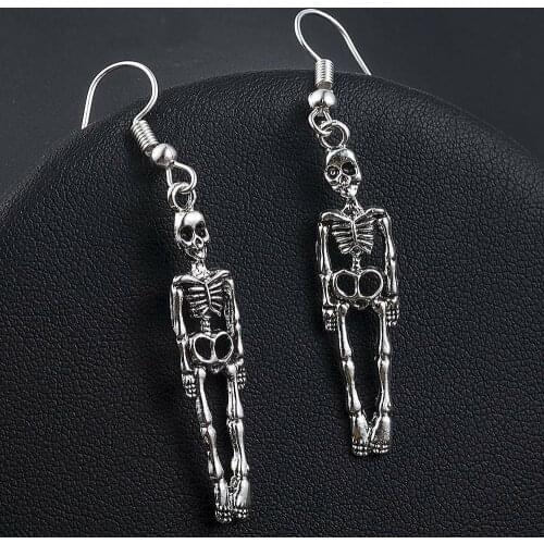 Vintage Skeleton Skull Dangle Earrings For Women Antique Silver-color Ear Stud Ear Clip Chain Tassel Punk Gothic Ear Jewelry