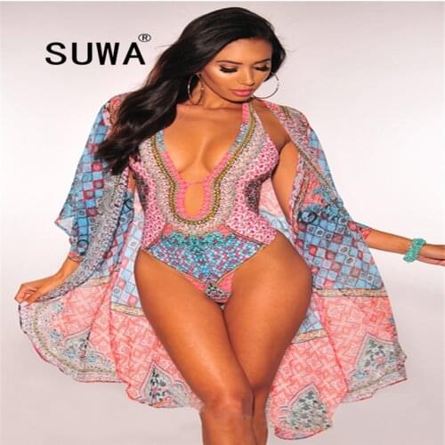 2021 Women Summer Bikini Set Sexy Beach Bohe Print Long Sleeve Cloak +Swimsuit Two Pieces Sets Swimsuit Bikini Set 6 Color