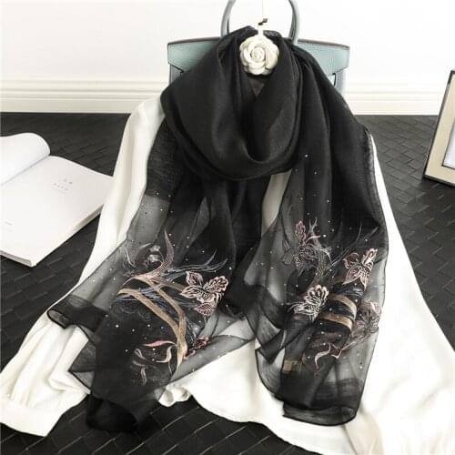 Women Silk Wool Scarf Embroidery Female Foulard Hijab Pashmina Spring Shawls Wraps Bufanda Floral Headscarf Beach Stoles