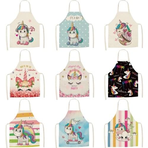 1Pcs Kitchen Apron Cartoon Unicorn Music Printed Sleeveless Cotton Linen Aprons for Men Women Home Cleaning Tools