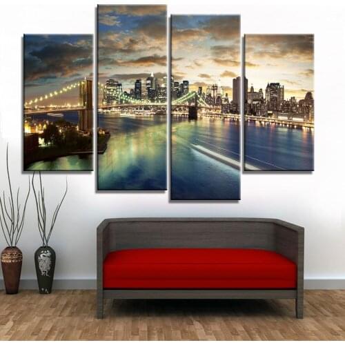 Canvas Painting Wall Art Abstract 4 Panel City Night View Decoration Modular Pictures For Living Room Bedroom Building Prints