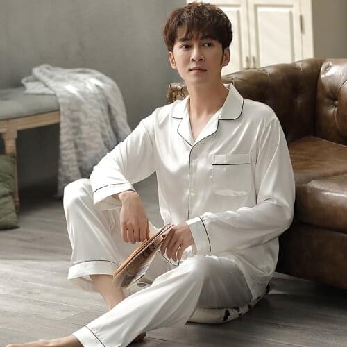Mens White Satin Pajama Suit Summer Pijama hombre Mens PJs Set Night Wear 2Pieces Solid Sleepwear Sleep&Lounge Pyjamas Plus Size