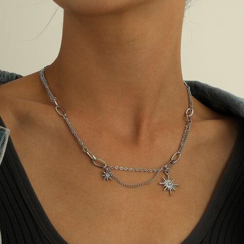 Rhinestone Star Charm Necklace for Women Alloy Chains Splicing Asymmetry Clavicle Chain Short Necklaces Female 2021 New
