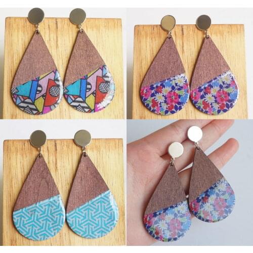 Fancy Mixed Epoxy Resin Flower Abstract Pattern Wooden Teardrop Earrings for Women African Trendy Natural Wood Jewelry Wholesale