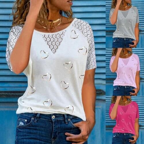 2021 New Oversized T shirt Women T-shirt Hearts Printing Thin Female Ladies Round Neck Short Sleeve Blouse for Work More Colour