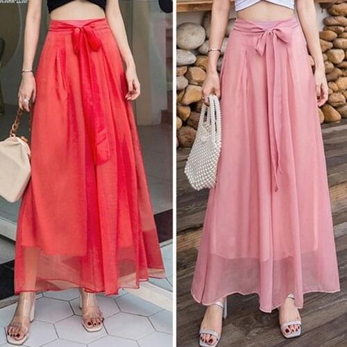 Silk Like Pants Elegant Cool Trousers Elastic-High Waist Wide-Leg Loose Culottes-Skirt Long-Pants Flare Women