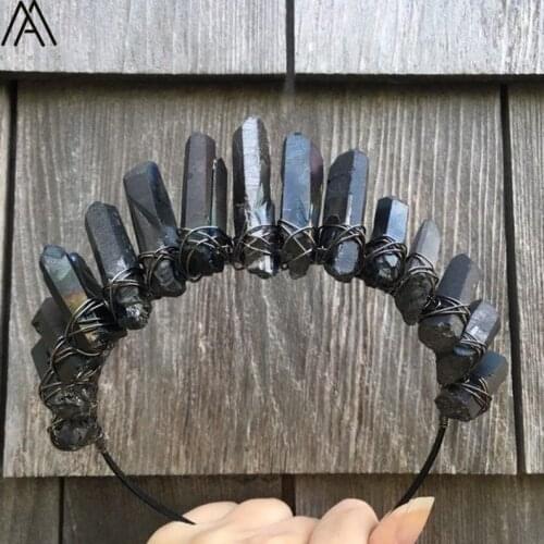 Gun Black Wire Wrapped Gun Black Color Quartz Point Crown Headband For Women Crystal Tiara Crown Wedding Hair Jewelry HG094AMCI