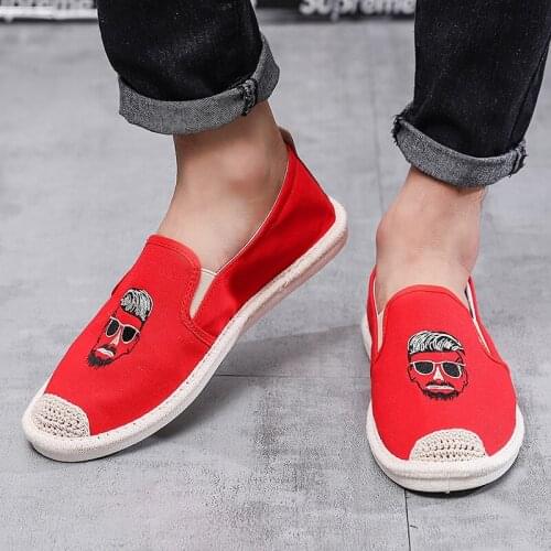 Summer Fashion Printing Red Men Slip On Loafers Casual Breathable Men Embroidery Flat Shoes Street Man Low Canvas Shoes лоферы