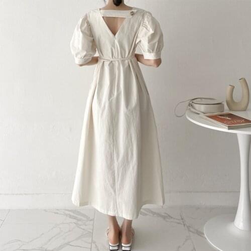 Mozuleva 2021 Women Summer Puff Sleeve Loose Dresses Slim High Waist Casual Lace Up Long Dress Female White Backless Vestidos