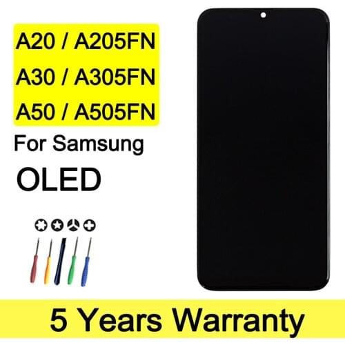 100% New Wholesale OLED Display For Samsung Galaxy A30 A50 A20 SM-A305DS A305 A505 A205 LCD Touch Screen Digitizer With Frame
