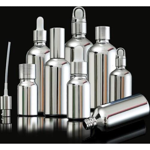 15pcs 5-100ml 18/410 Cosmetic Silver Serum Vials, Essential Oil Dropper Glass Pipettes Bottle,Lotion Pump Tube, Perfume Atomizer