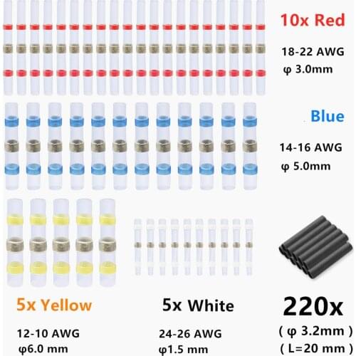 250PCS Assorted Heat Shrink Connectors Seal Solder Sleeves wire Connectors Waterproof Fast Butt Terminals Heat Shrink Tube Kit