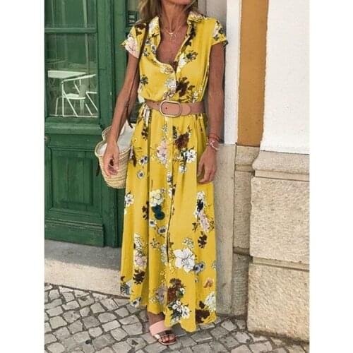 Vintage boho short sleeve floral printed long shirt dress Summer single-button slit loose maxi dress Purple yellow black frocks