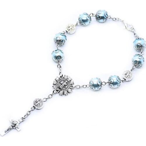 Rosaries Bracelets for Women Saint Benedict Rosary Imitation Pearl Beads Catholic Cross Bracelet Prayer Car Hanging Jewelry