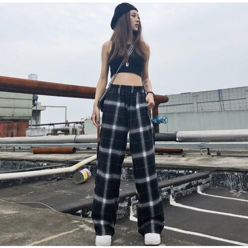 Plaid Pants Womens High-Waist Wide-Leg Pants Gothic Casual Women Korean Elastic Waist Jogging Punk Trousers