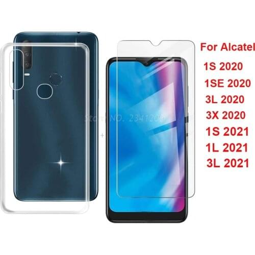 Soft Black TPU Case Cover For Alcatel 1S 2020 5028Y 1SE 3L 3X 2020 (4 Camera) Etui with Tempered Glass For Alcatel 1S 1L 3L 2021