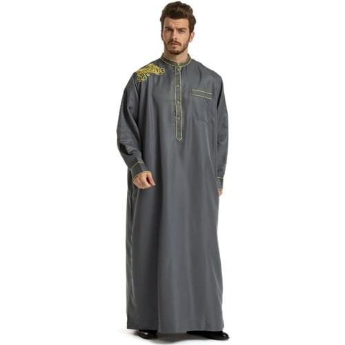 Kaftan Arabe Muslim Man Long Muslim Clothing Embroidery Long Sleeve Kaftan Male Abaya Robe Gray Yellow Saudi Arabia Islam Hombre