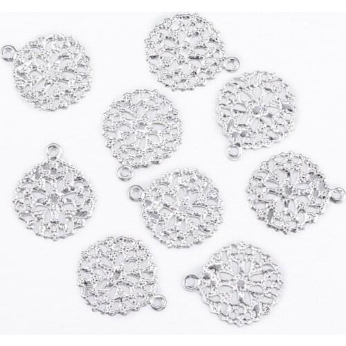 200pcs Flat Round Brass Flower Filigree Findings Charms Pendants for Jewelry Making Accessories Finding Golden Silver Color