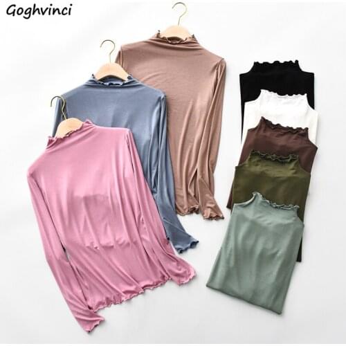 Long Sleeve T-shirts Women Solid Thin Wood Ears Soft Korean Style Slim Plus Size Loose Leisure All-match Ulzzang Femme Tops New