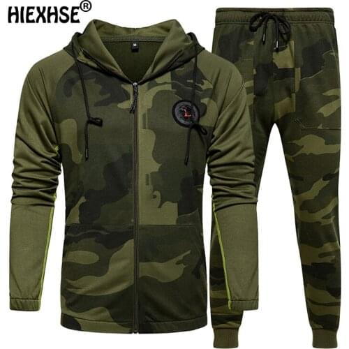 Camo Men Tracksuit Hooded Outerwear Hoodie Set 2 Pieces Autumn Sporting Male Fitness Camouflage Sweatshirts Jacket + Pants Sets