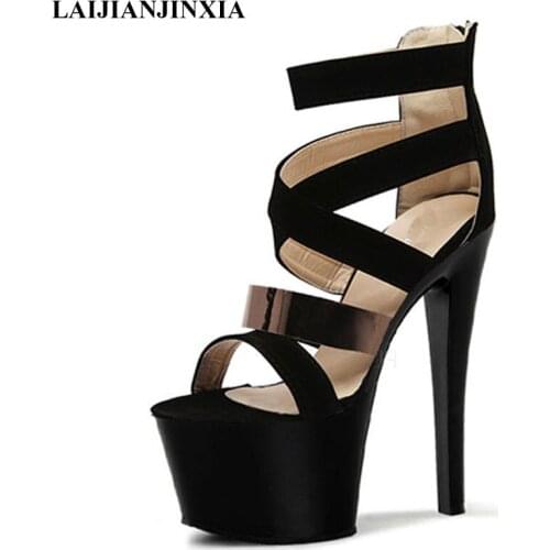 LAIJIANJINXIA New Sexy 17CM Super High Heels Platfrom Sandsls Cross Straps Black Matte Face Round Head With womens Shoes