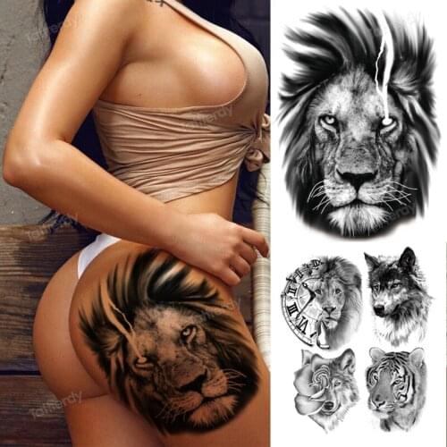 Lion Tiger Temporary Tattoos For Women Men Tatoo Paper Big Body Art Waterproof Arm Leg Black Fake Tattoo Sticker Wolf Forest