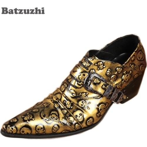 Fashion pointed toe man leather shoes Men golden man shoes skulls personality mans shoes, leisure Zapatos Hombre Gold/Black